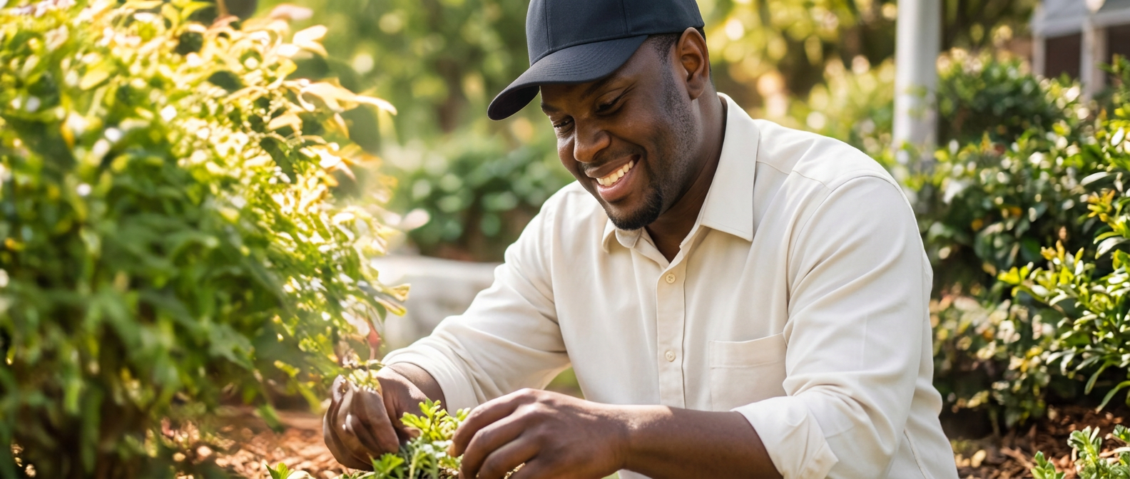 An adult participant in a light button-front shirt smiling while gardening among green plants