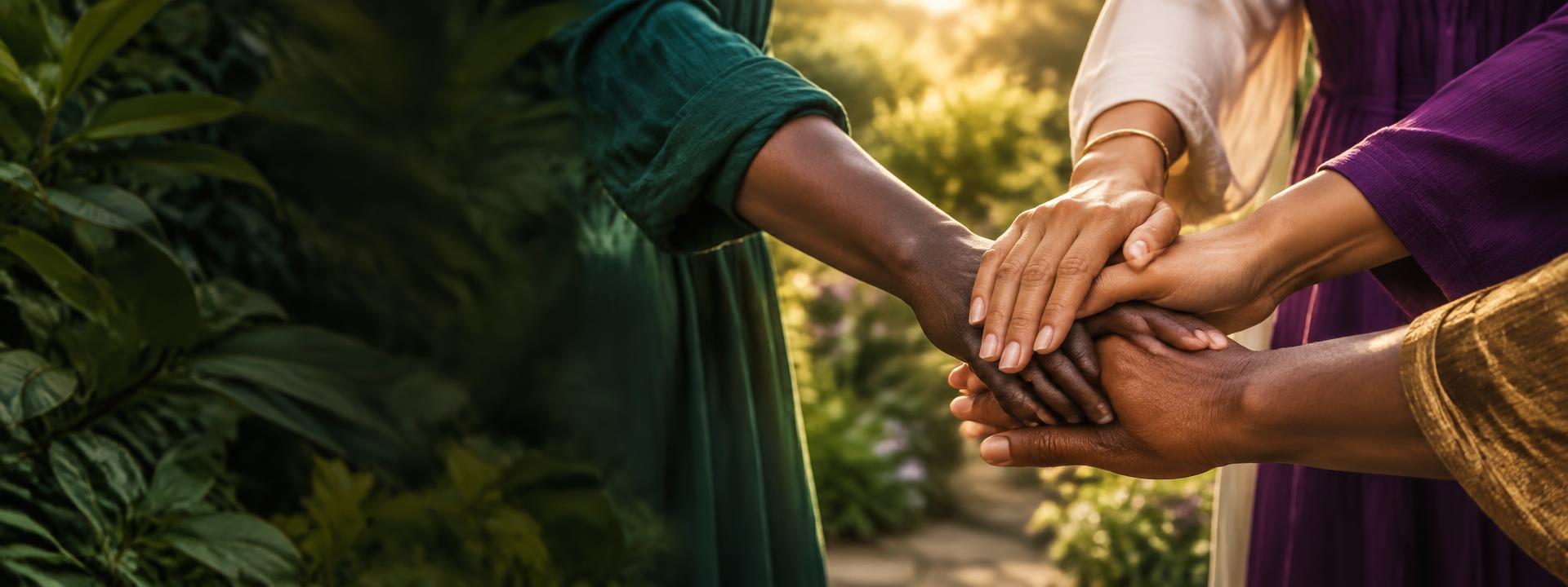 A diverse group joining hands in a community gesture