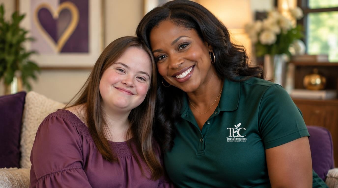 A young adult participant in a polished plum blouse sharing a warm moment with a Transformation Empowerment Center staff member in an emerald branded polo