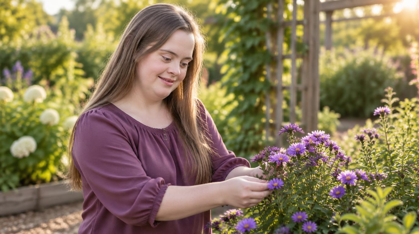A young adult participant in a polished plum blouse smiling while tending purple flowers in a garden
