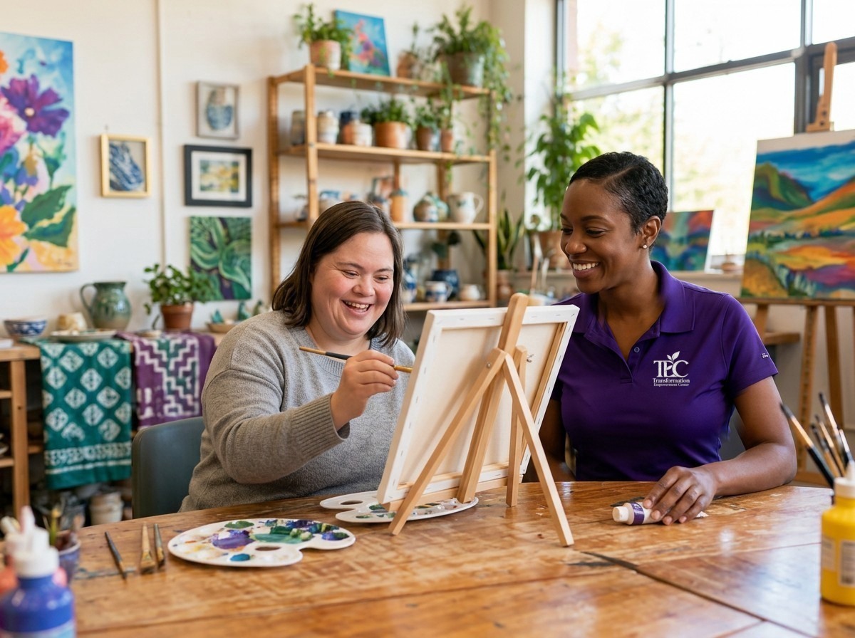 An adult participant painting alongside a TEC staff professional in a purple branded polo