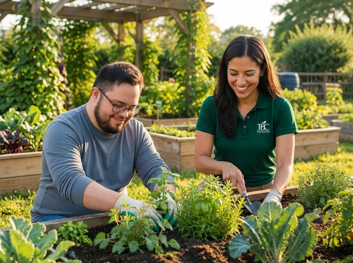 An adult participant gardening alongside a TEC staff professional in an emerald branded polo