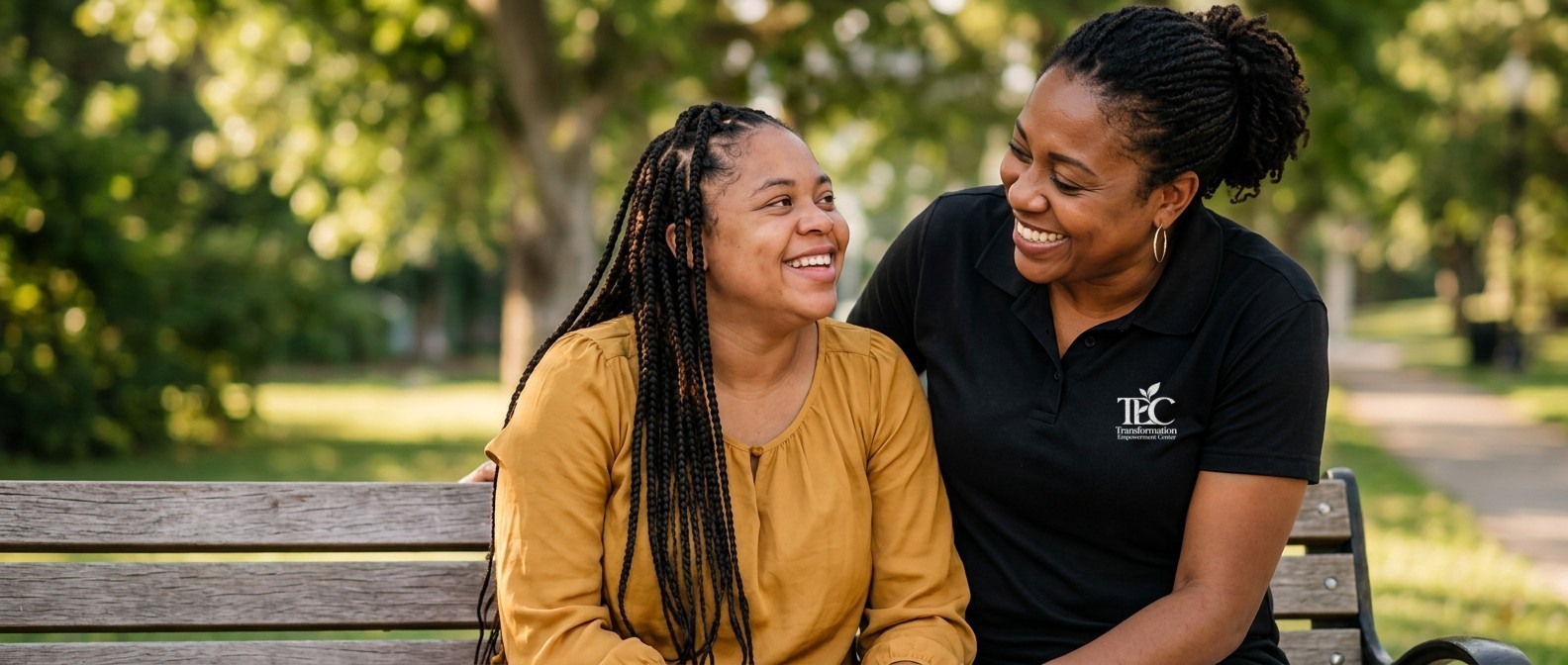 A smiling young adult participant in a mustard blouse sitting on a park bench with a Transformation Empowerment Center staff member in a black branded polo