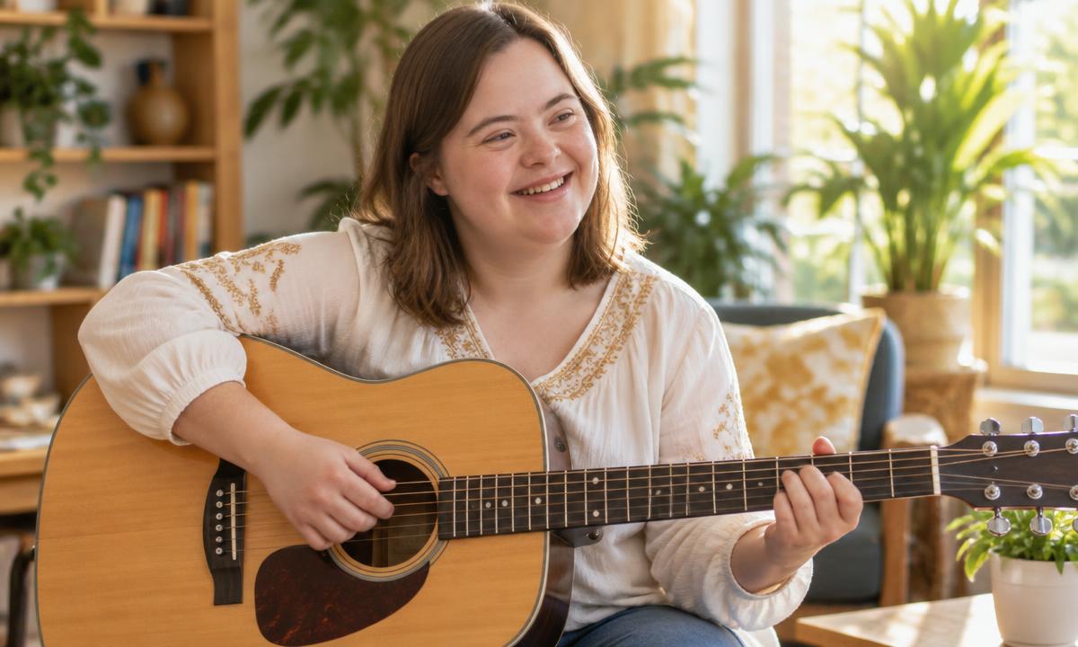 An adult participant in a polished unbranded blouse playing an acoustic guitar