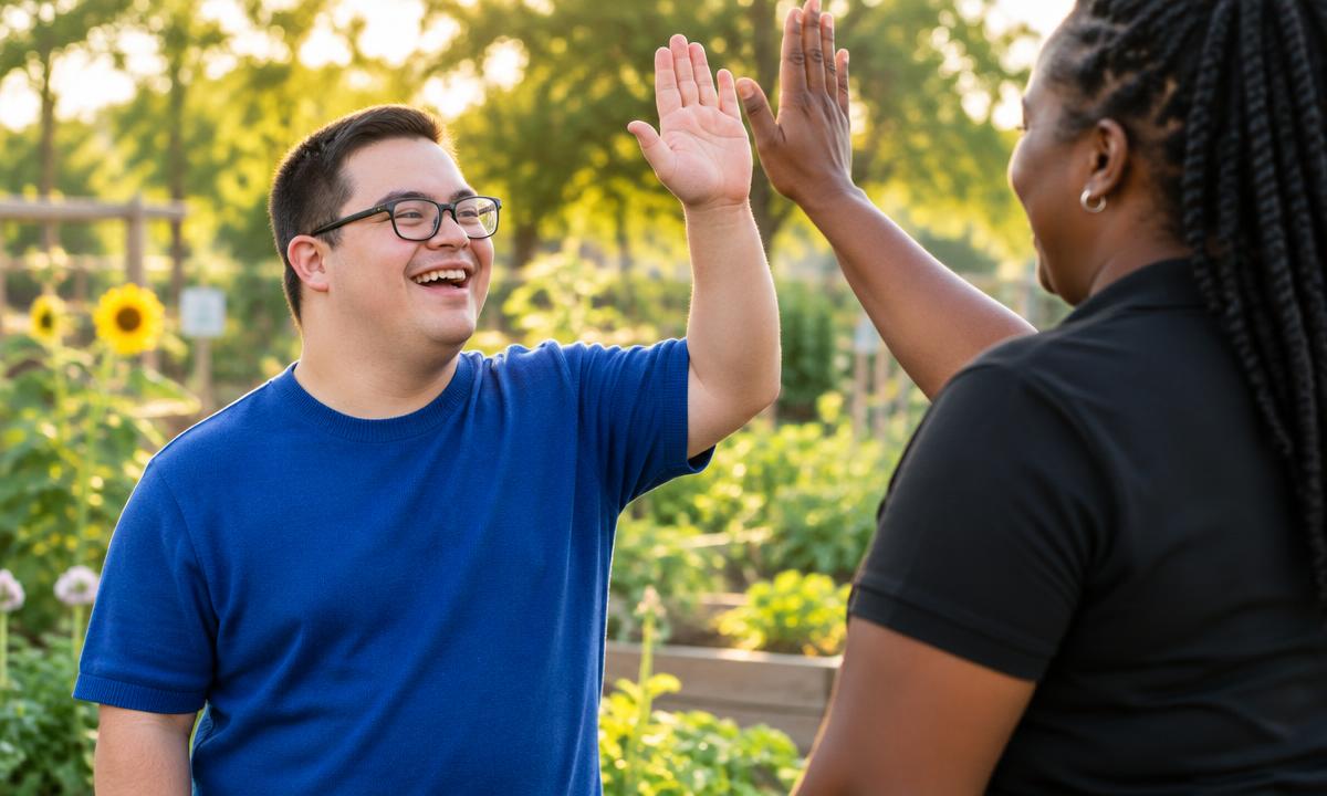 An adult participant in an unbranded blue shirt sharing a high five with a TEC staff professional