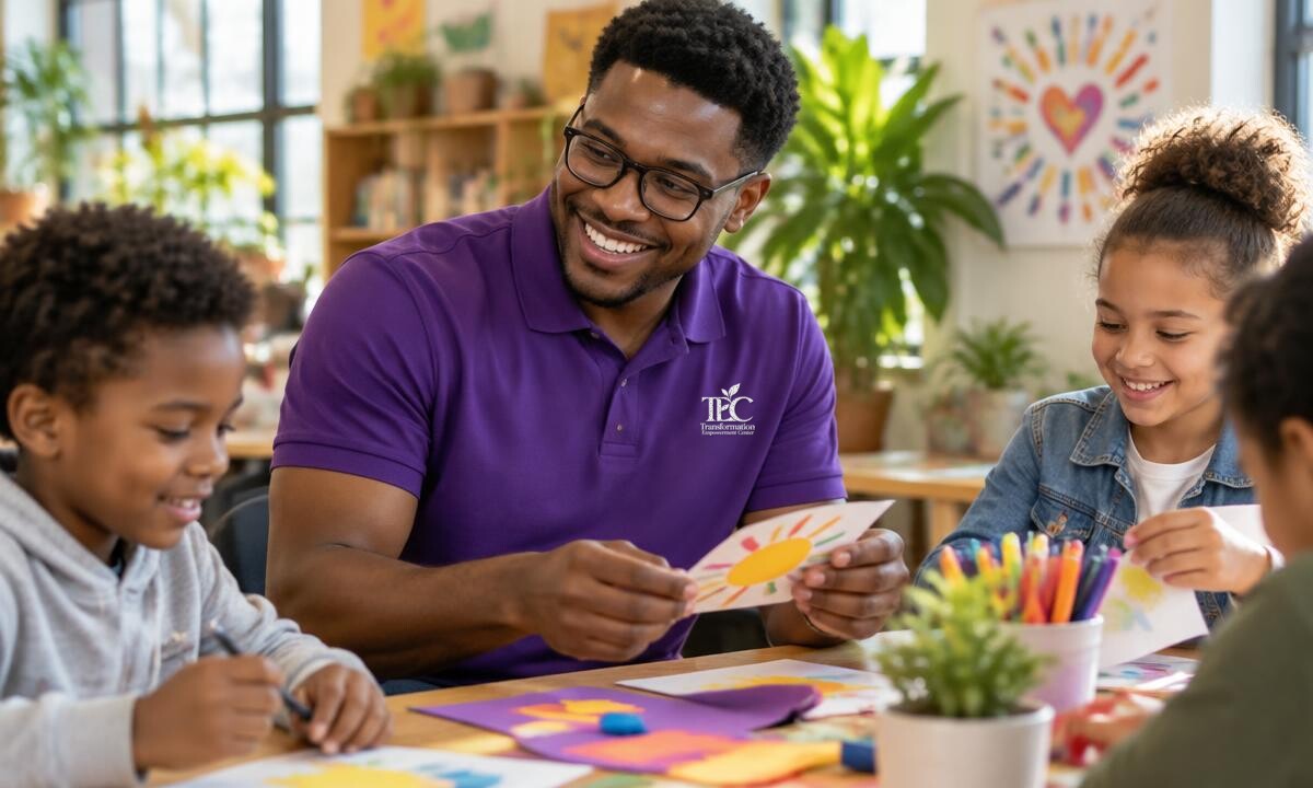 A volunteer in a purple TEC polo leading a colorful creative activity