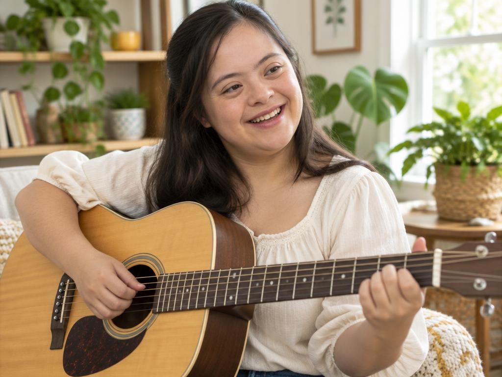 A young woman playing an acoustic guitar with a joyful smile
