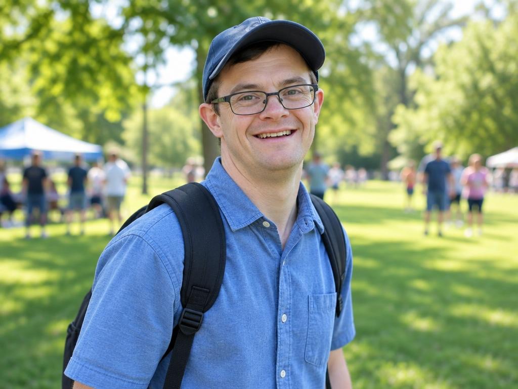 A man in a cap and backpack smiling at a sunny community park event