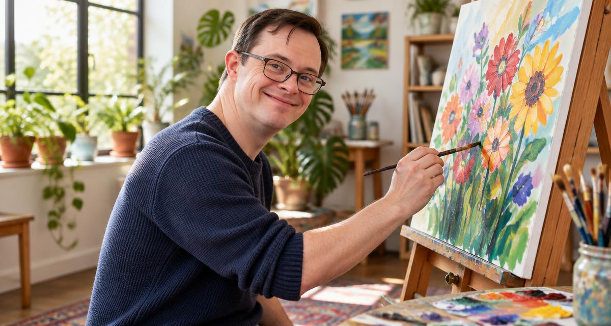 A man in glasses smiling as he paints colorful flowers on a canvas