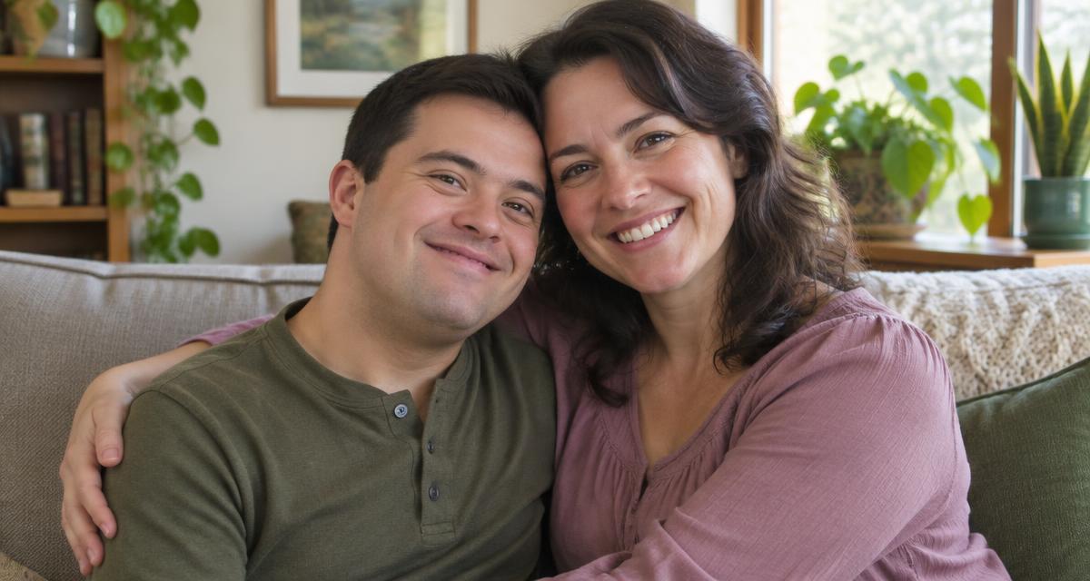 A young man and his sister smiling cheek to cheek on a sofa at home