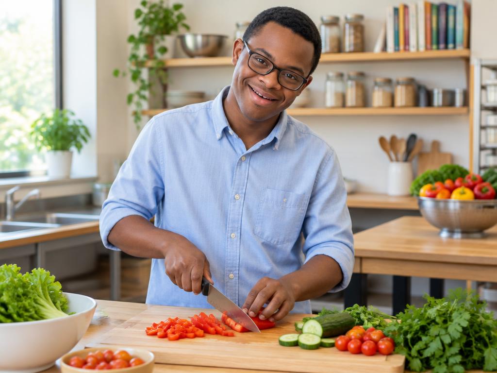 A young man smiling as he chops fresh vegetables in a teaching kitchen