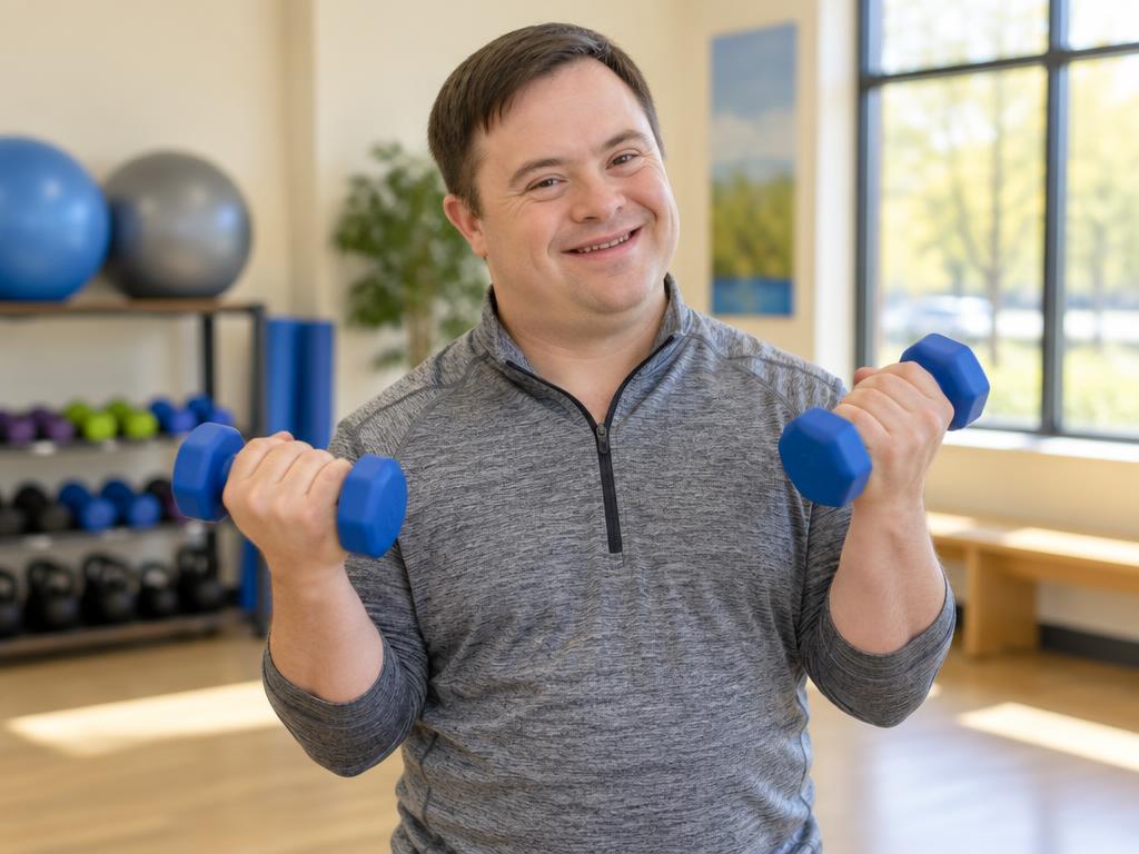 A man smiling while lifting light dumbbells in a bright fitness room
