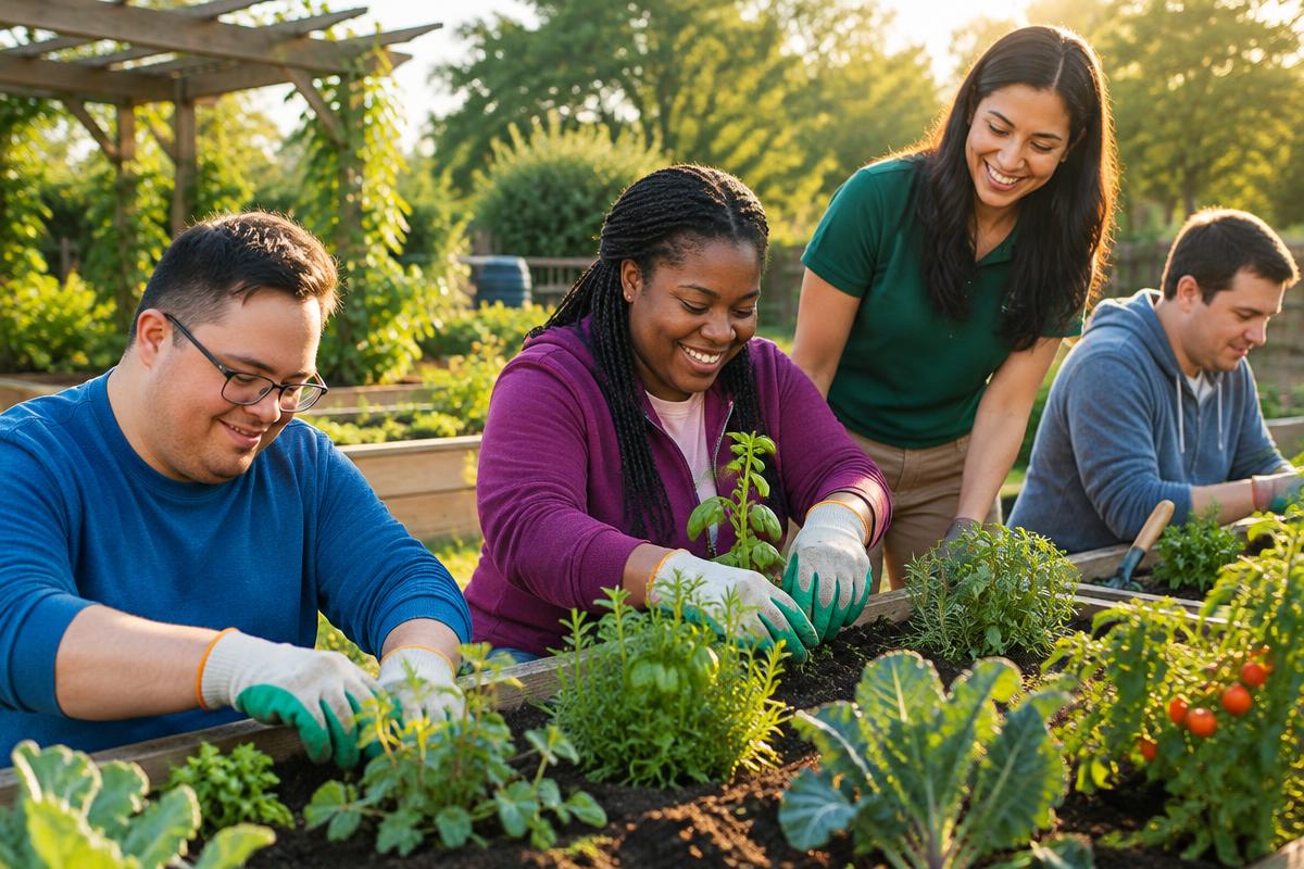 Adults planting herbs in a community garden