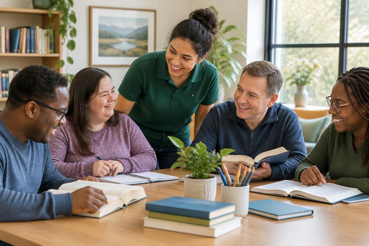 Adults learning together around a table with books