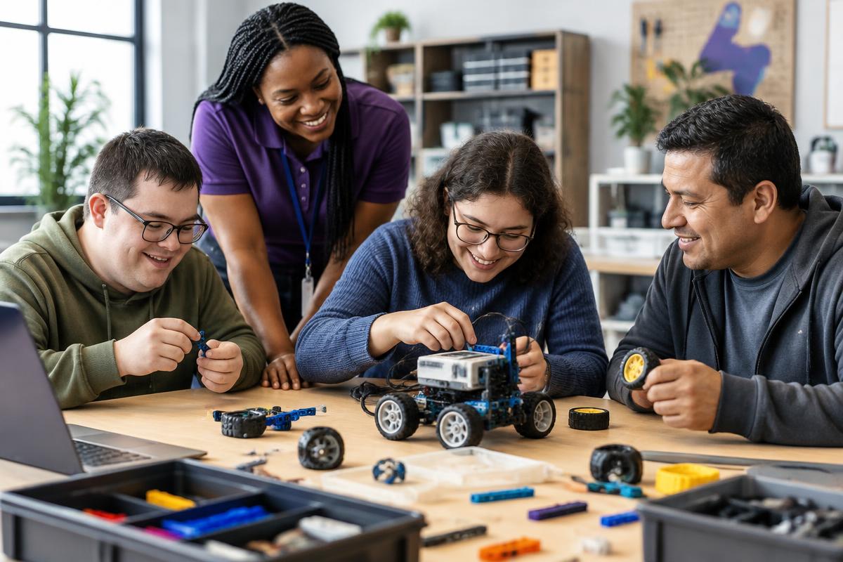 Adults assembling a small robot together