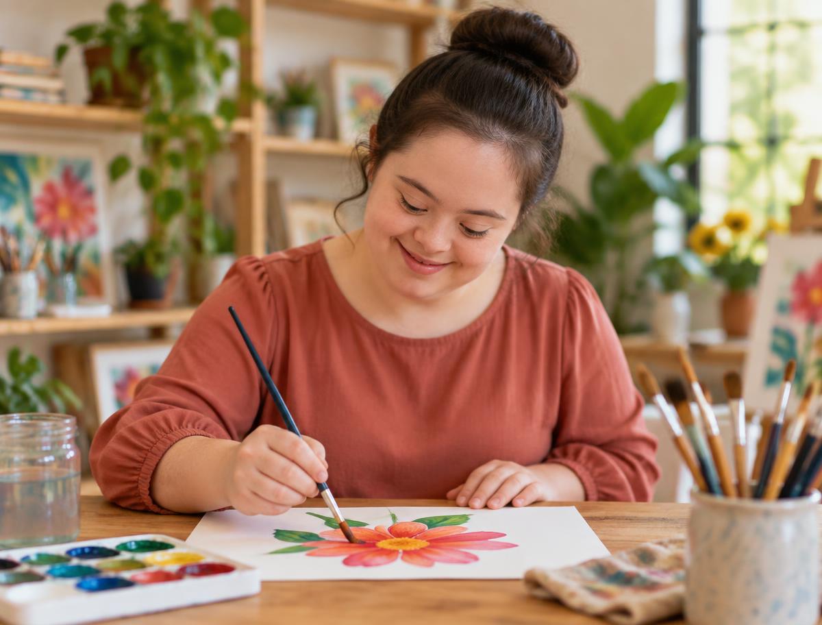 A young woman painting in a bright art studio