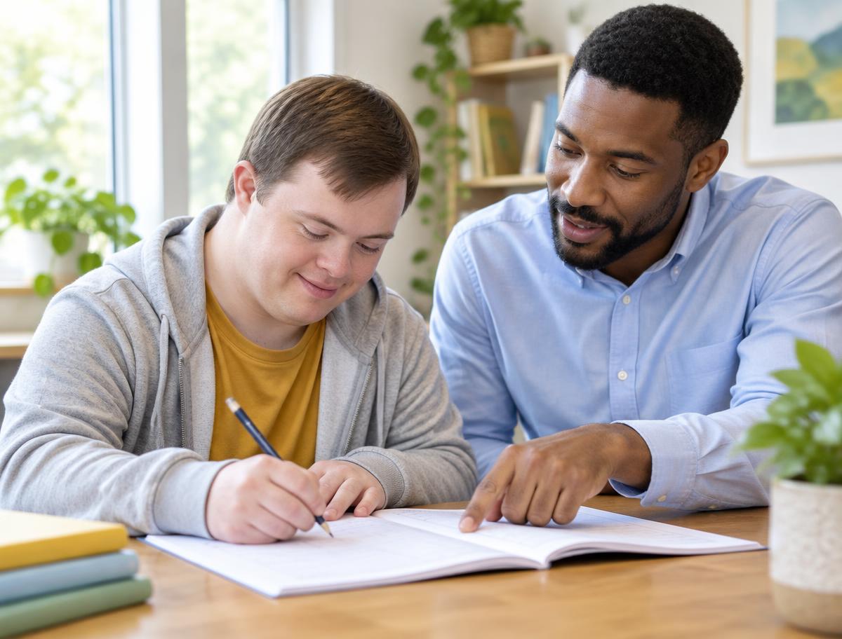 An adult participant writing in a workbook with a support professional