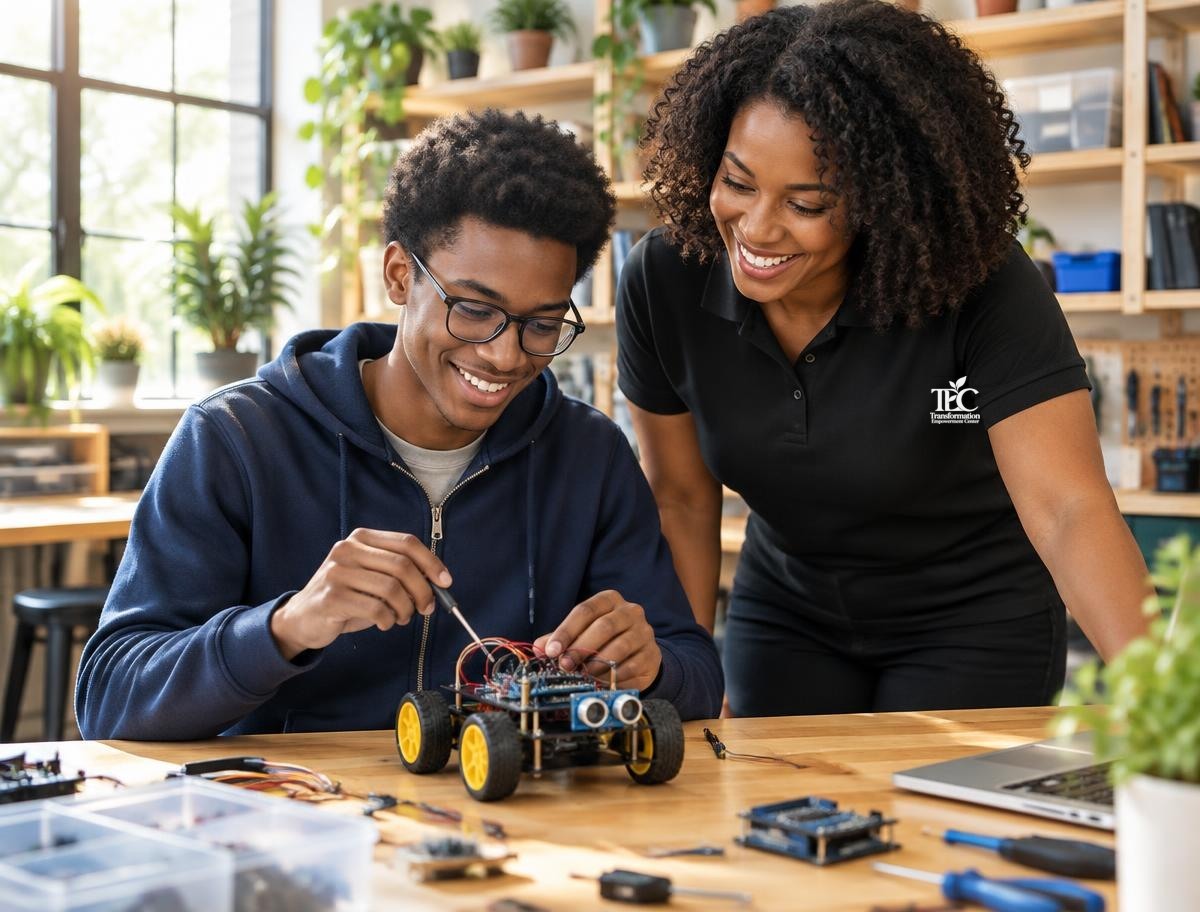 An adult participant building a robot beside a Transformation Empowerment Center staff member