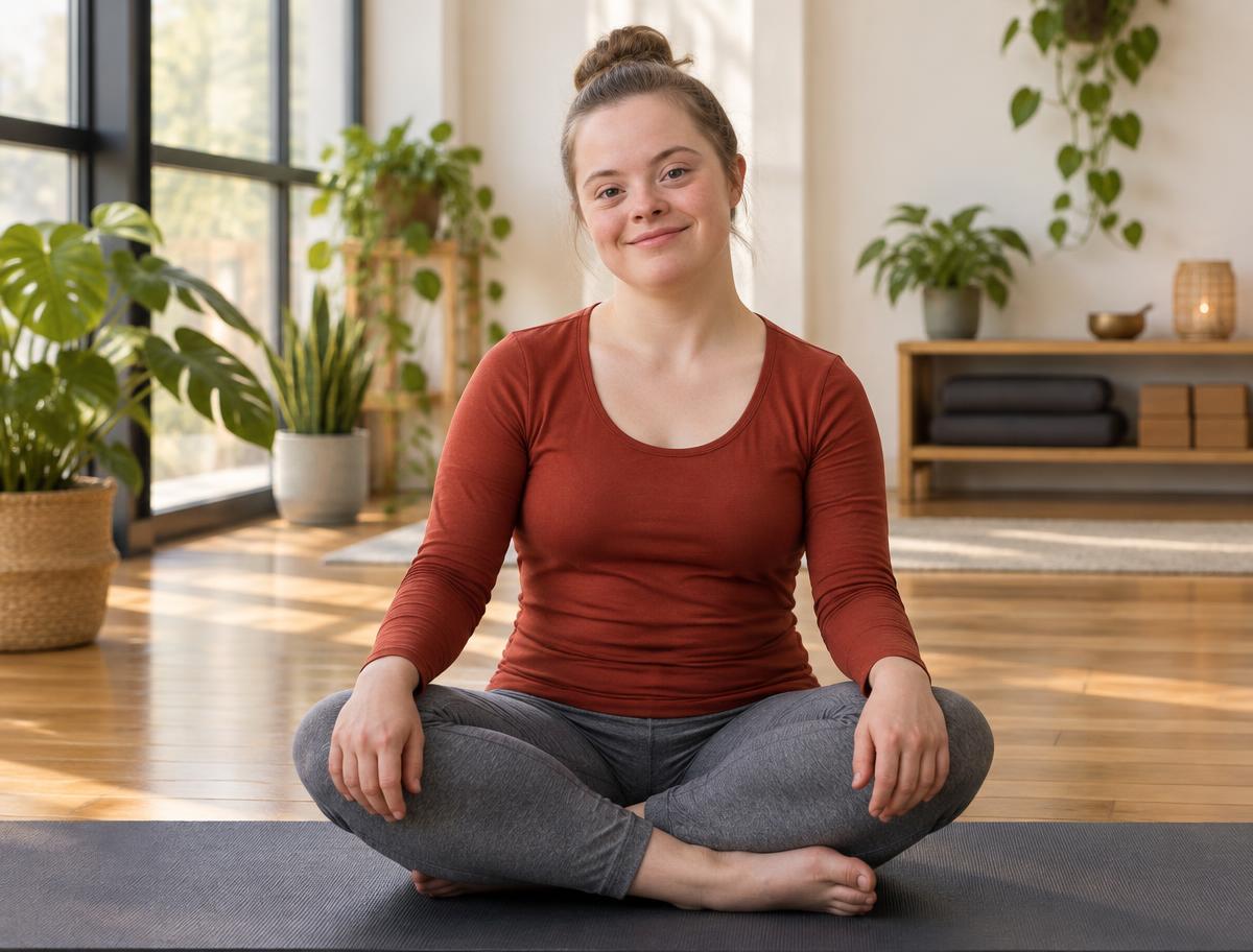 A young woman sitting calmly on a yoga mat in a bright studio