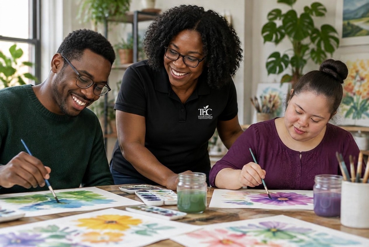 A Transformation Empowerment Center staff member encouraging two adult participants as they paint watercolor flowers