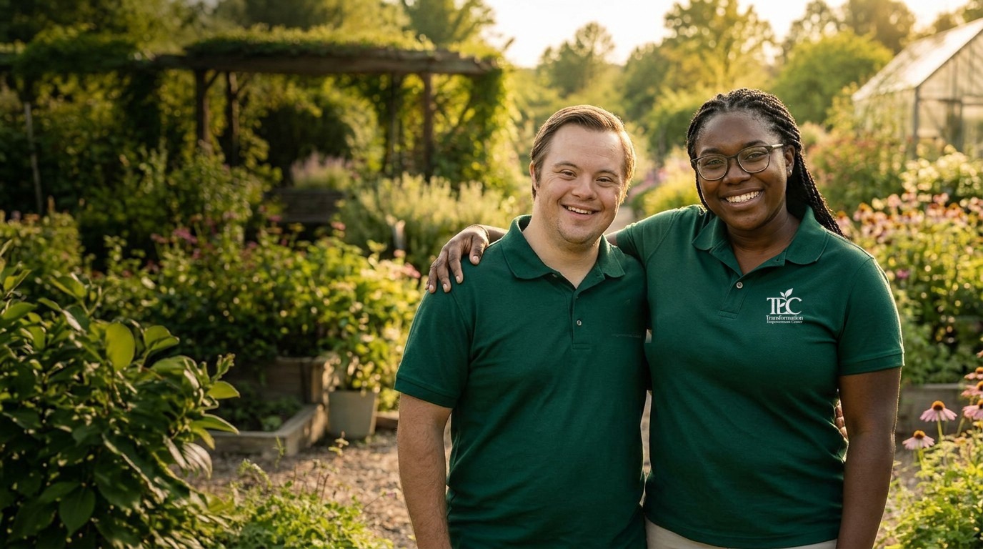 An adult TEC participant and a TEC staff professional sharing a joyful moment in a lush community garden